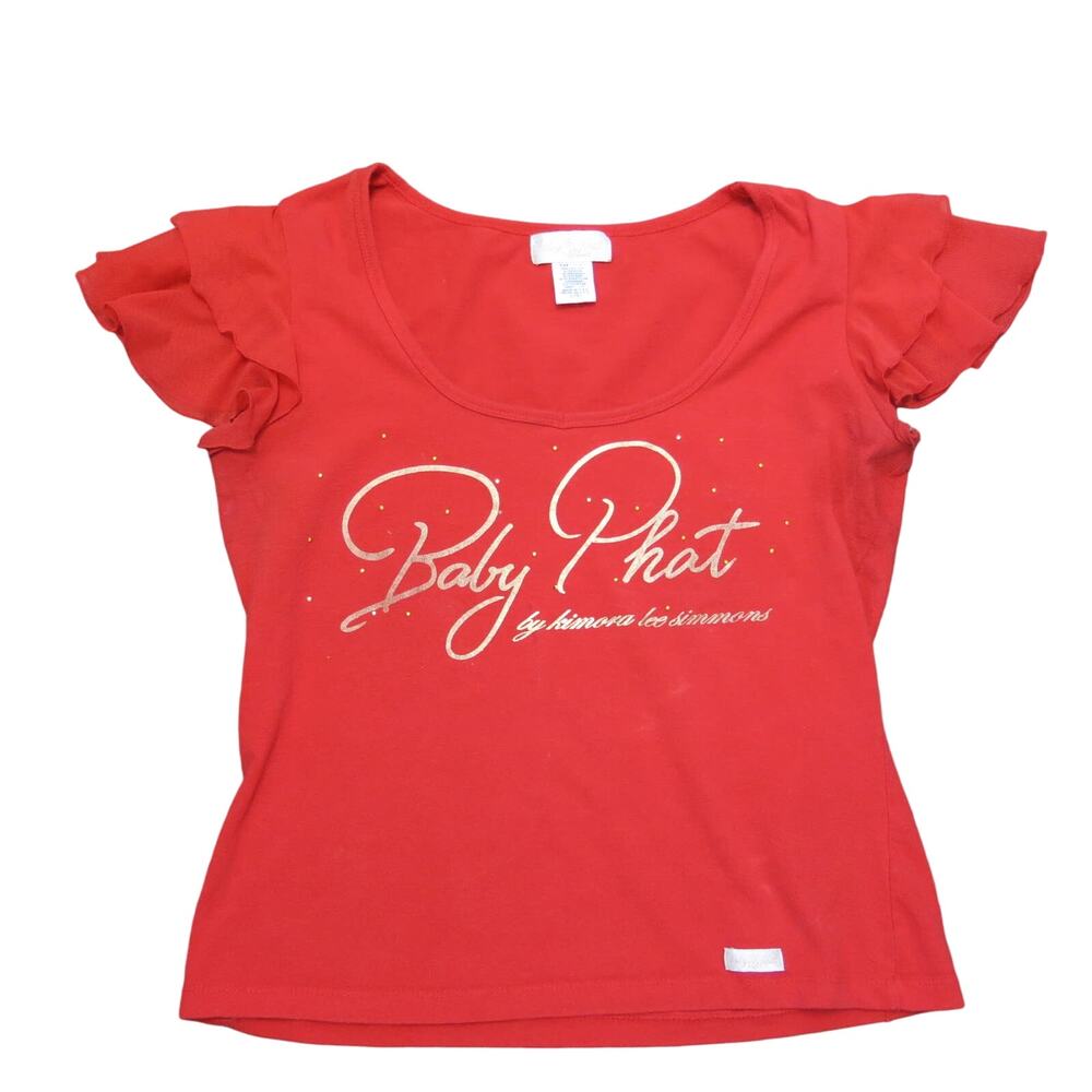 BABY PHAT Flutter Sparkle Top Size L Girls Ruffle Sleeve Gold Red Y2K Hip Hop